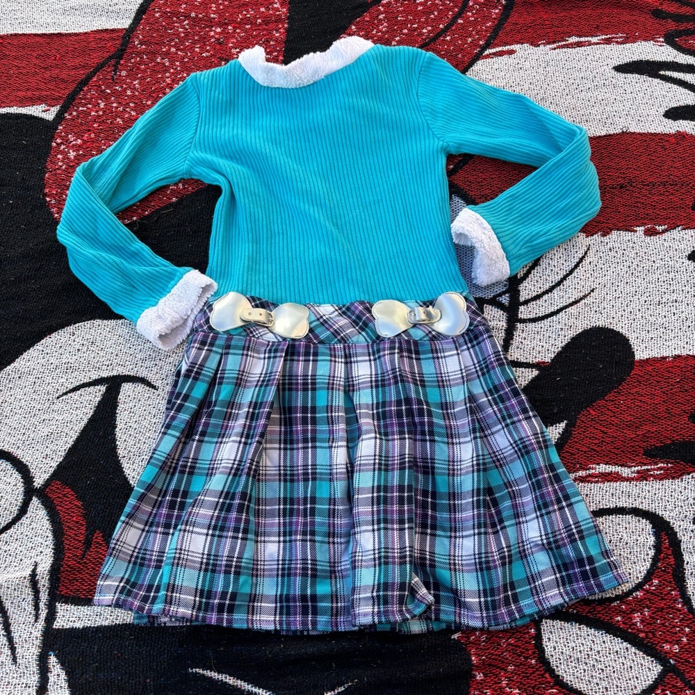 VINTAGE Y2K JENNY AND ME BLUE PLAID SILVER FUR ACCENT DRESS SIZE 6X
